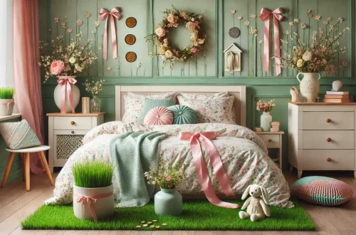 A bedroom interior decorated for spring with flowers, grass, coins, and textiles.