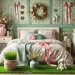 A bedroom interior decorated for spring with flowers, grass, coins, and textiles.