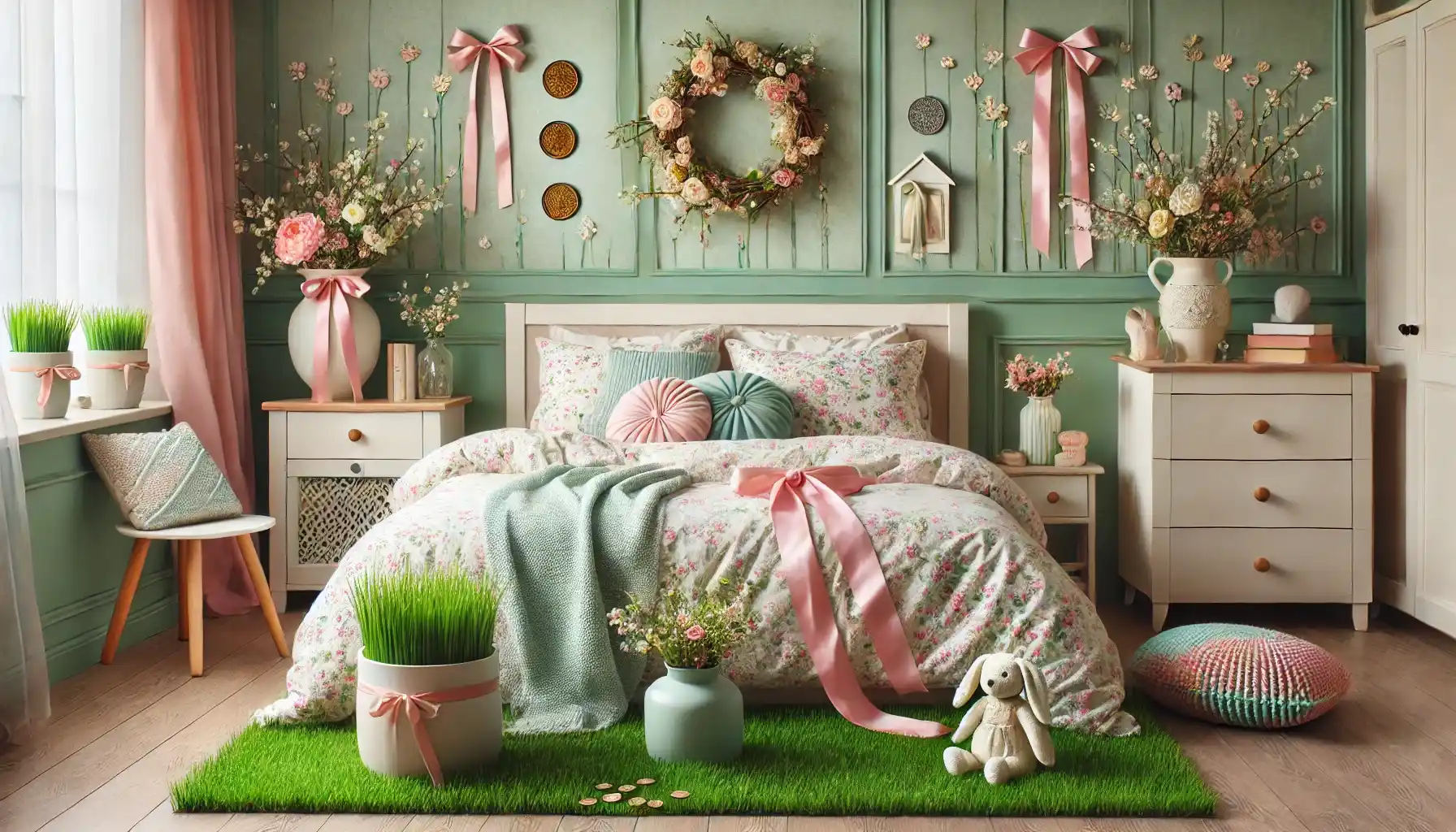 A bedroom interior decorated for spring with flowers, grass, coins, and textiles.