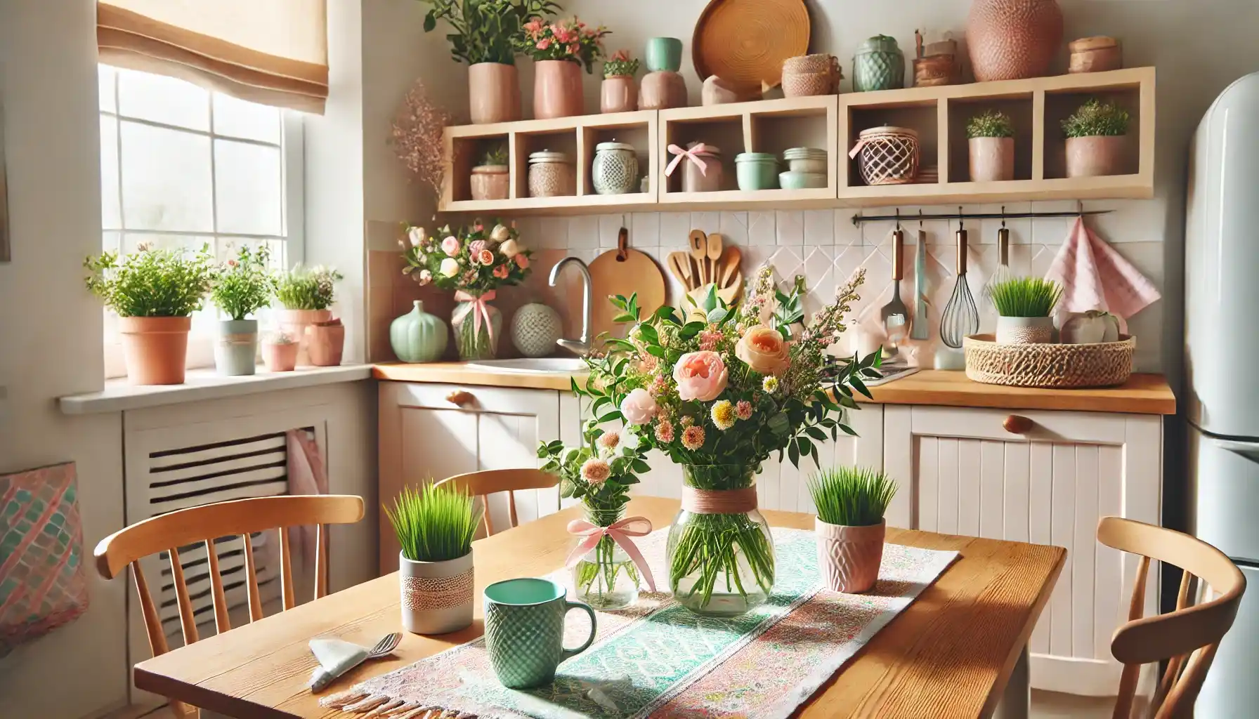 A cozy kitchen decorated for spring with flowers, pots, and rugs.