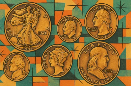 A collage with various coins from mid-century America.