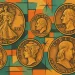 A collage with various coins from mid-century America.