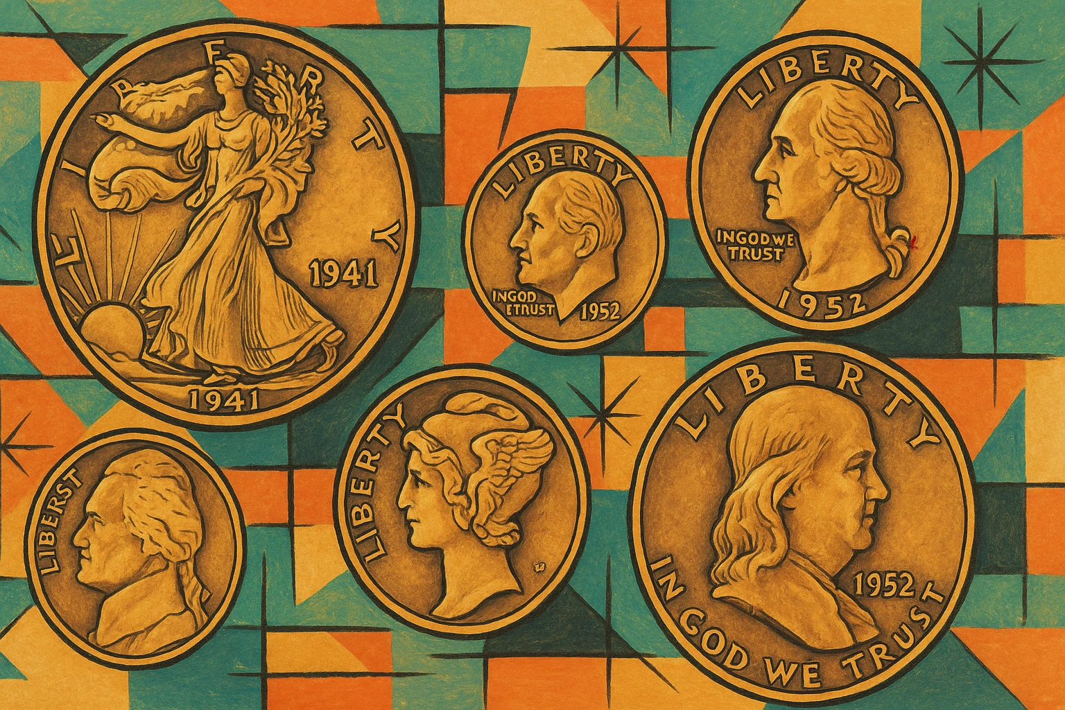A collage with various coins from mid-century America.
