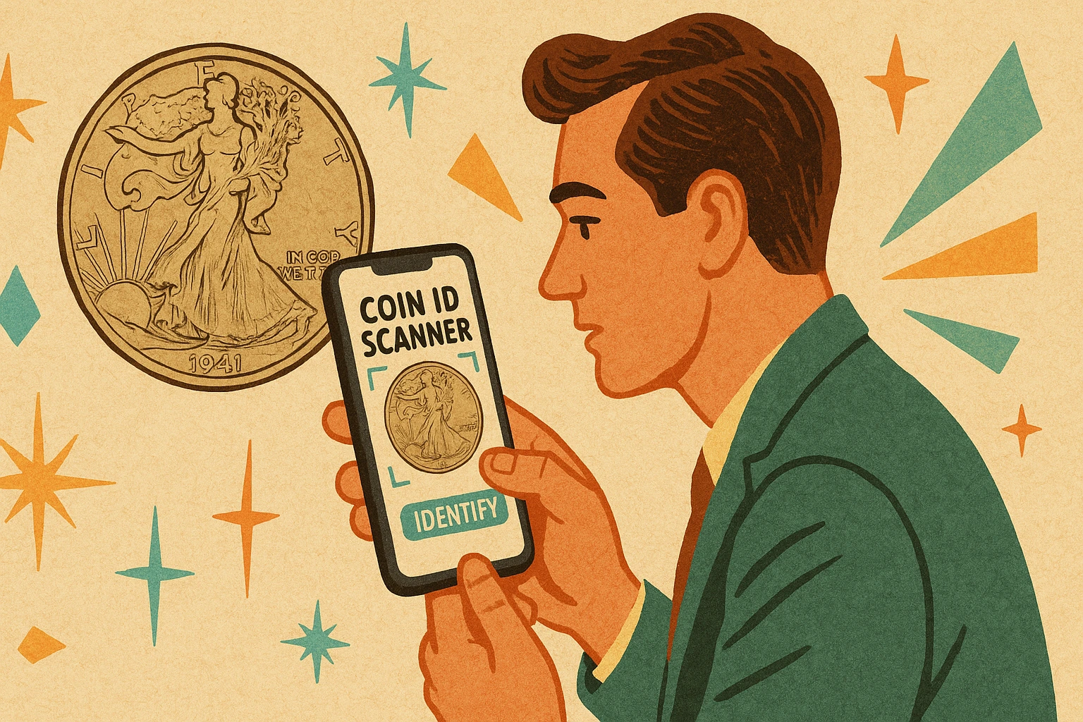 A fashionable vintage man scans a coin via the Coin ID Scanner.