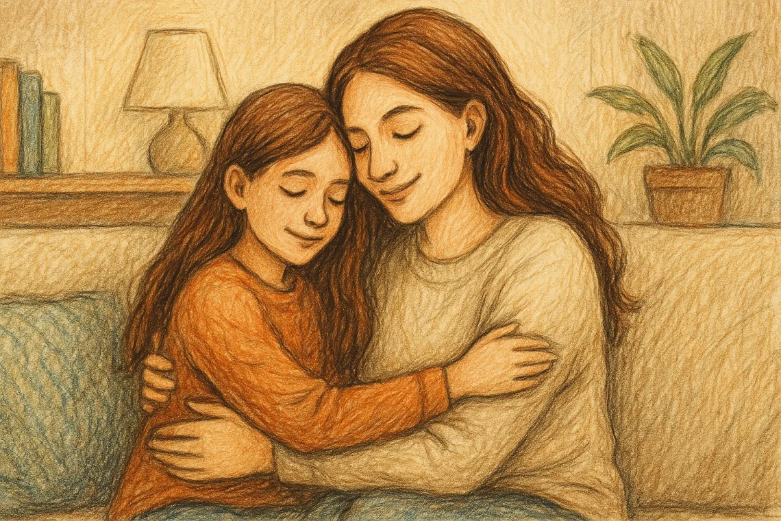 Mother and daughter are sitting together on the coach and hugging each other