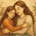 Mother and daughter are sitting together on the coach and hugging each other