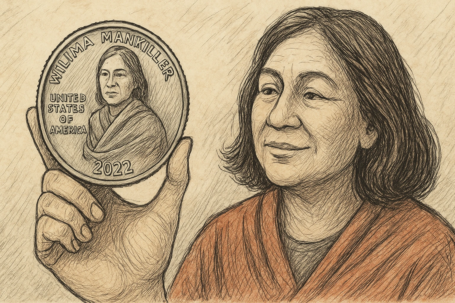A woman holds a Wilma Mankiller quarter in her hand.