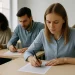 A group of adults focuses intently as they complete IQ test papers in a bright classroom.