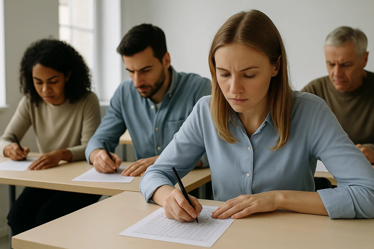 A group of adults focuses intently as they complete IQ test papers in a bright classroom.