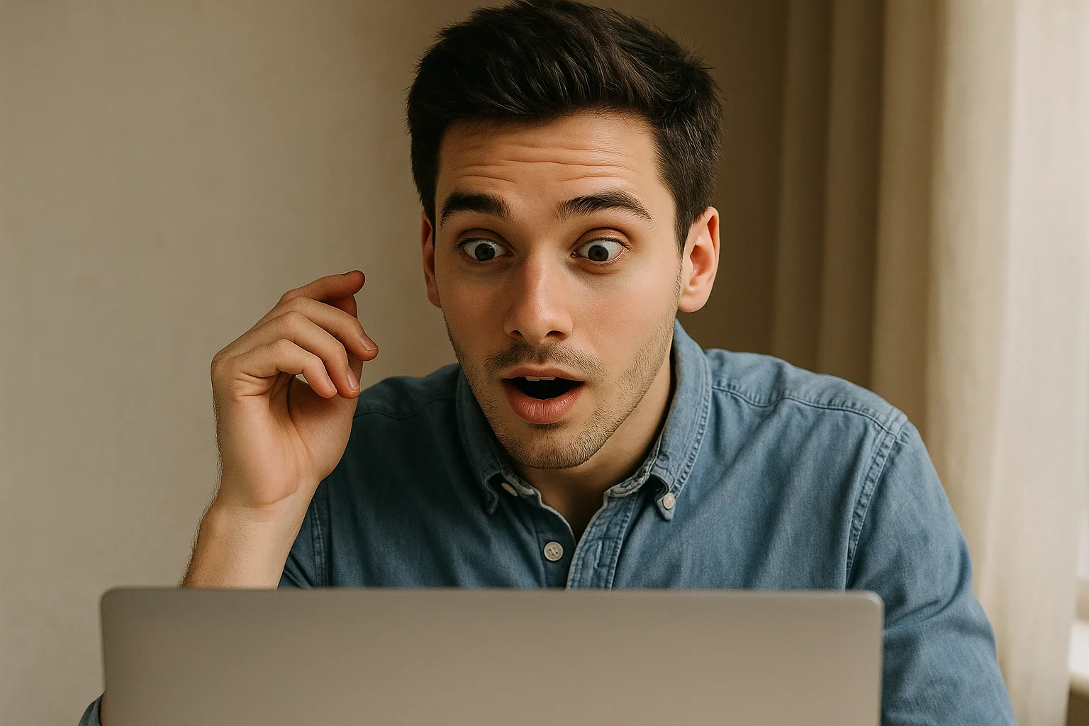 A young man reacts with curiosity and excitement while viewing his IQ test results on a laptop screen.
