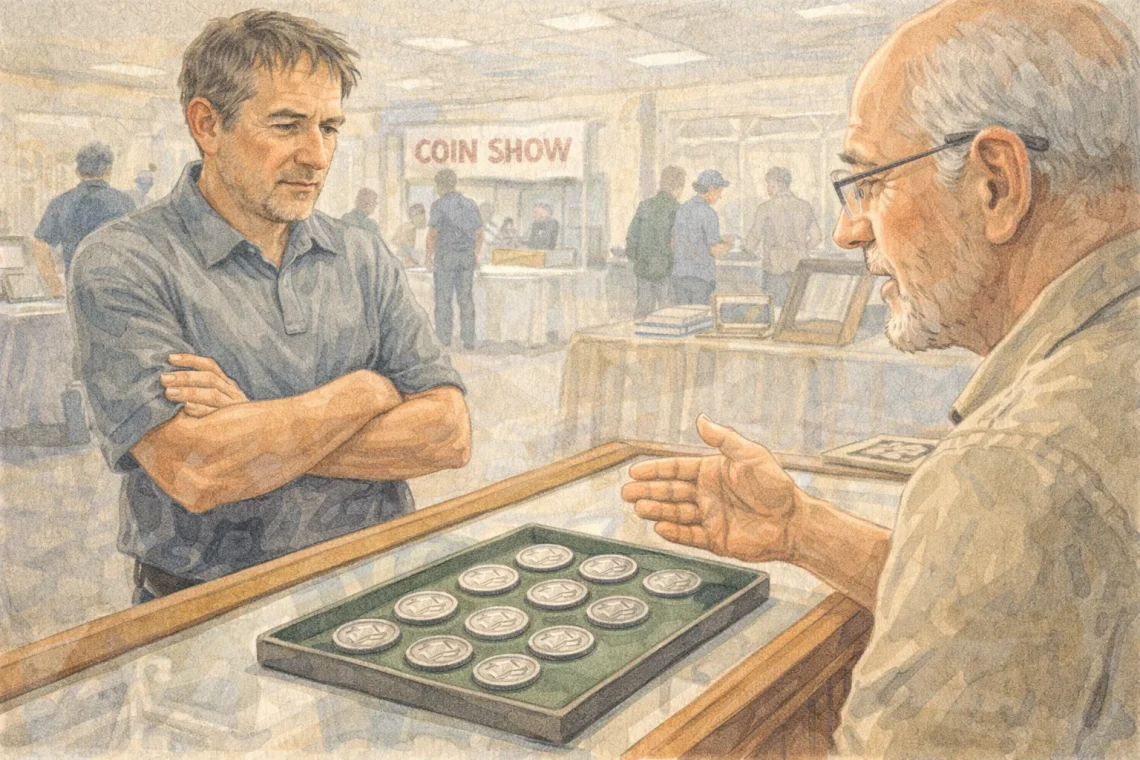 A buyer stays skeptical while a seller explains silver coin prices.