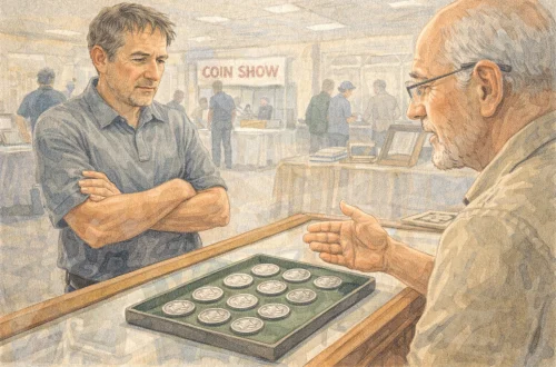A buyer stays skeptical while a seller explains silver coin prices.