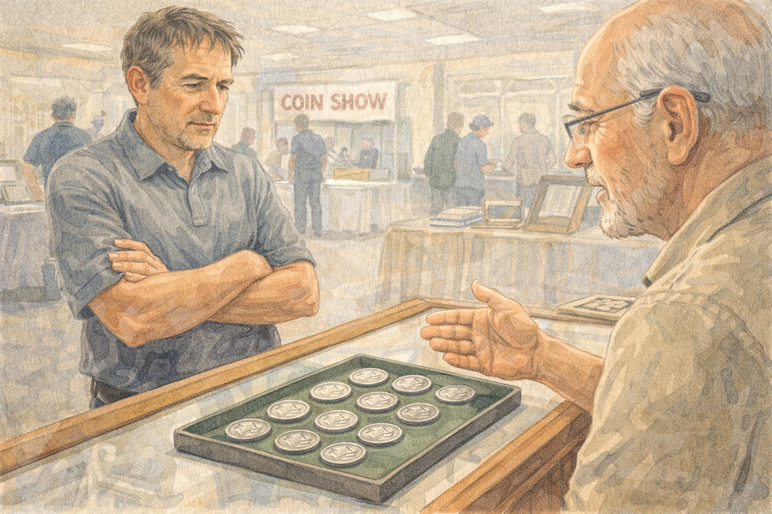 A buyer stays skeptical while a seller explains silver coin prices.